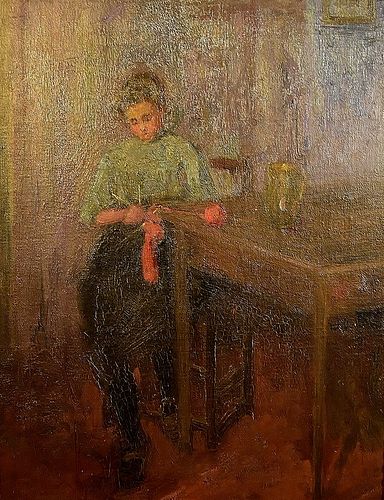 INTERIOR WITH A KNITTING GIRL OIL PAINTING