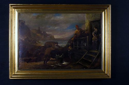 ENGLISH PORT LOT WITH FISHERMEN OIL PAINTING