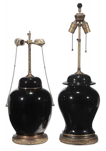 Two Black Monochrome Covered Jars