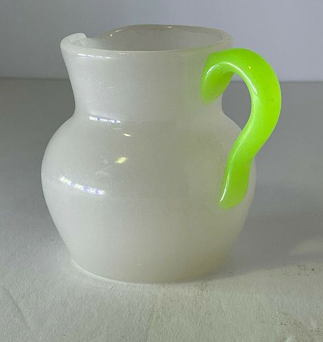 VINTAGE FRENCH OPALINE GLASS PITCHER WHITE WITH GREEN HANDLE