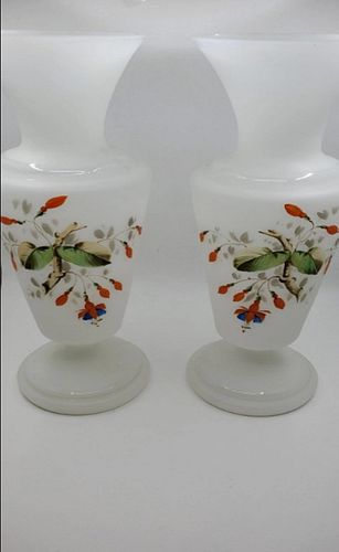 LARGE PAIR OF GLASS VASES WITH ENAMEL ACCENTS