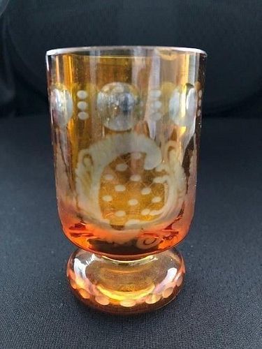 AMBER BOHEMIAN GLASS CUP, CUT ETCHING