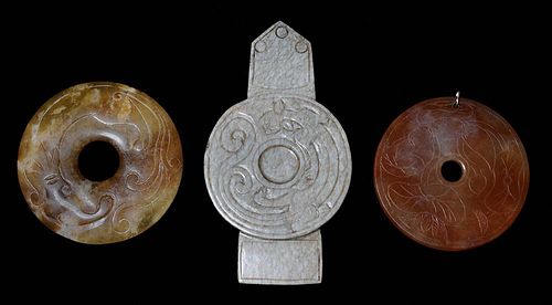 Three Carved Jade and Hardstone [Bi]