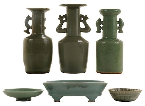 Three Celadon-Glazed Kinuta Vases,