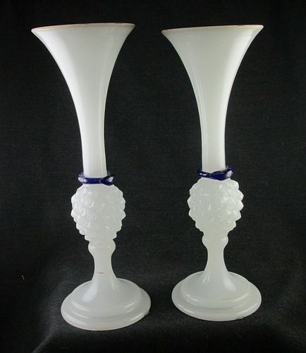 BOHEMIAN PAIR OPALINE PINEAPPLE STEM BLOWN GLASS VASES BLUE SNAKES APPLIED 1870S