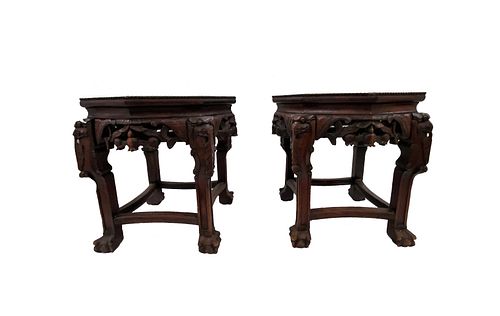 Pair Of Chinese Carved Wood Marble Top Stands