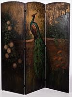 5326048: Lydia Dunham Fabian (American, b. 1867), Painted
 Peacock Three Panel Leather Floor Screen EL5QJ