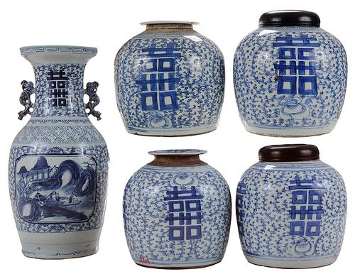 Five Blue and White Porcelain Vases