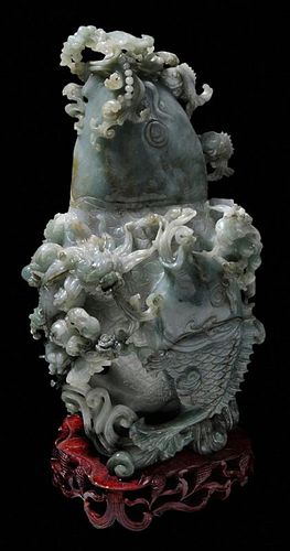 Finely Carved Green Jade Covered Urn