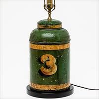 5325846: English Green Tole Tea Canister, Now Mounted as a Lamp, 19th Century EL5QJ