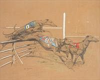 5326019: Eugene Pechaubes (French, 1890-1967), Greyhounds
 Racing, Chalk, Pencil and Wash w/ Watercolor EL5QL