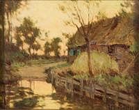 5085264: Luther Emerson Van Gorder (OH/NY, 1861-1931), Cottage
 Along a River, Oil on Board EL2QL