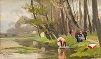 5085277: William Norton (American/British, 1843-1916), Women
 Washing Along a River, Oil on Board EL2QL