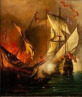 5102248: British School, Ships Engaged in Battle, Oil on Canvas, 19th Century, EL2QL