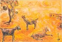 5085359: Goats, Pastel and Watercolor on Paper EL2QL