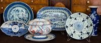 5085320: Five Chinese Blue and White Decorative Articles
 and a Mottahedah Sauce Tureen and Underplate EL2QC