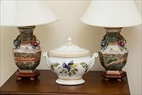 5085393: Mottahedah Covered Urn and Pair of Reproduction
 Chinese Export Style Vases Mounted as Lamps EL2QF