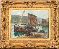 5085288: European School, Harbor Scene with Boat, Oil on
 Canvas, Early 20th Century EL2QL