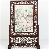 5081394: Chinese Hardwood Screen with Porcelain Plaque EL1QC