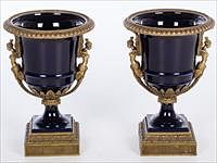 5081452: Pair of French Neoclassical Style Cobalt Porcelain
 and Metal Mounted Urns, 20th Century EL1QJ