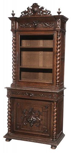 Rustic Carved Oak Two-Part Bar Cabinet
