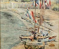 5081416: French School, Signed A. Blanchard, Boats along
 a Beach, Oil on Canvas EL1QL