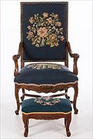 5081691: Regence Style Walnut Needlepoint Upholstered Open
 Armchair with Associated Stool EL1QJ