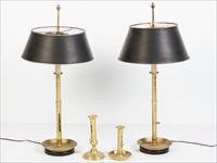 5081637: Four English Brass Push-Up Candlesticks, Two Now Mounted as a Lamp EL1QJ