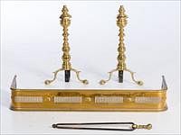 5081631: Pair of English Brass Andirons and a Small Fender, 19th Century EL1QJ