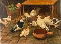 5394182: Pigeons Feeding, Oil on Canvas EE7RDL