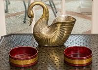 5157901: Brass Swan-Form Center Piece and a Pair of English
 Lacquer Wine Coasters EL3QJ