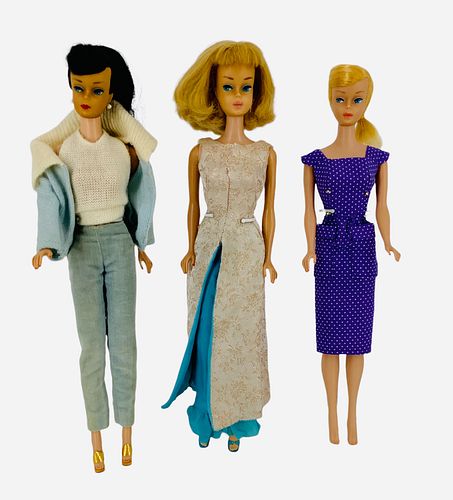 (3) beautiful Vintage Barbie and Friends including blonde side-part Barbie - Black Ponytail Barbie - American Girl Barbie - May/may not have re-touchi