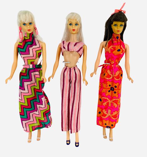 (3) Mod Barbies including Blonde Barbie with earrings has had a haircut & may/may not be real Barbie earrings, Brunette Barbie also appears to have ha