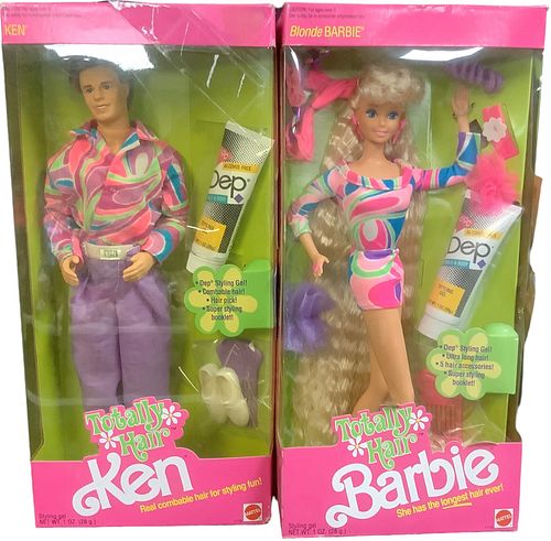 (1) Totally Hair Barbie & (1) Totally Hair Ken - ( no reproduction of dolls - both made in 1991), Both have hair that you can use styling gel & many d