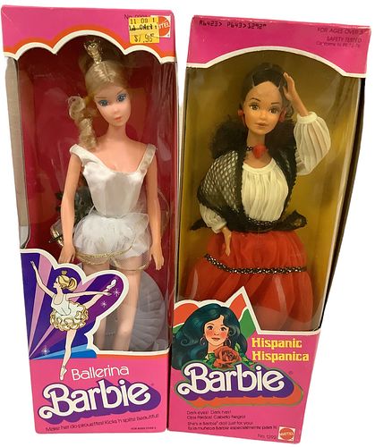 (2) 1980's Barbies including (1) Ballerina Barbie & (1) Hispanic Barbie. The Ballerina Barbie's box looks fantastic with little shelfware & price stic