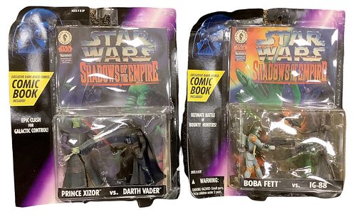 Lot of 2 including Star Wars Shadows of the Empire Prince Xizor vs. Darth Vader and Boba Fett vs. IG-88. Both boxes show wear.