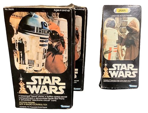 Lot of 3 including (2) Star Wars Artoo-Detoo R2-D-2 Large size action figure and Star Wars Jawa Large size action figure. All boxes have rips/show wea