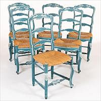 5226954: Set of 6 French Provincial Blue Painted Rush Seat
 Side Chairs, 20th Century EL4QJ