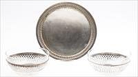 5241456: German Silver Serving Dish and Pair of Continental
 Silver Pierced Bowls w/ Glass Inserts EL4QQ