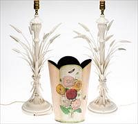 5227073: Pair of White Painted Wheat Sheaf Lamps and a Decoupage Waste Basket EL4QJ