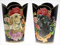 5227090: Two Decoupage and Painted Metal Waste Baskets Decorated with Labs EL4QJ