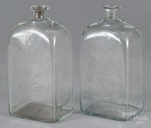 Pair of etched glass bottles, ca. 1800, with floral decoration, 8 1/2'' h.