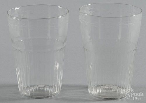 Pair of etched glass flips, ca. 1800, 6 1/4'' h.