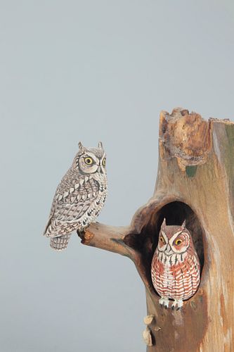 Rare Miniature Screech Owl Pair, Allen J. King (1878-1963)