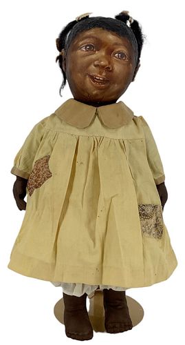 Cloth Johnna Art Doll by Barbara Buysse. 14" girl with painted facial features, thickly applied painted hair with two mohair tufts, applied ears, stit