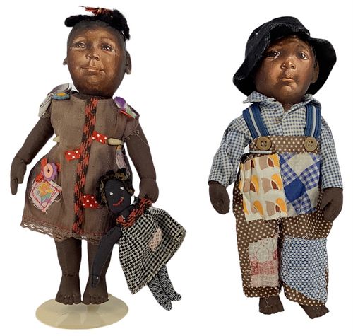 Pair all cloth Johnna Art Dolls by Barbara Buysse. Each is 9" with painted facial features, thickly applied painted hair, applied ears, on stitch join