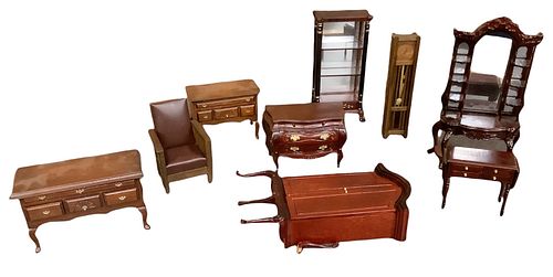 Lot of 9 pieces miniature dollhouse furniture in different wood tones, made out of wood and plastic. Some items are made by BESPAQ. The wardrobe has a