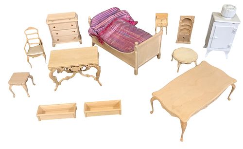 Lot of 12 pieces miniature dollhouse furniture in different wood tones. Made out of wood/plastic and metal. Some items made by Bespaq.