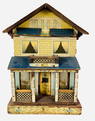 Antique Rufus Bliss wood 2 story doll house 16" x 11 1/2" x 7" with original lithograph paper, "R Bliss" on 2nd story balcony, door opens and closes a