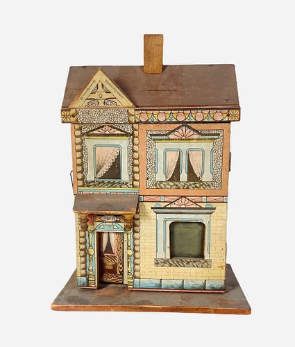 Antique Rufus Bliss wood 2 story doll house 10 1/2" x 7 1/2" x 5" with original lithograph paper, door opens and closes w/"R. Bliss" over the door and